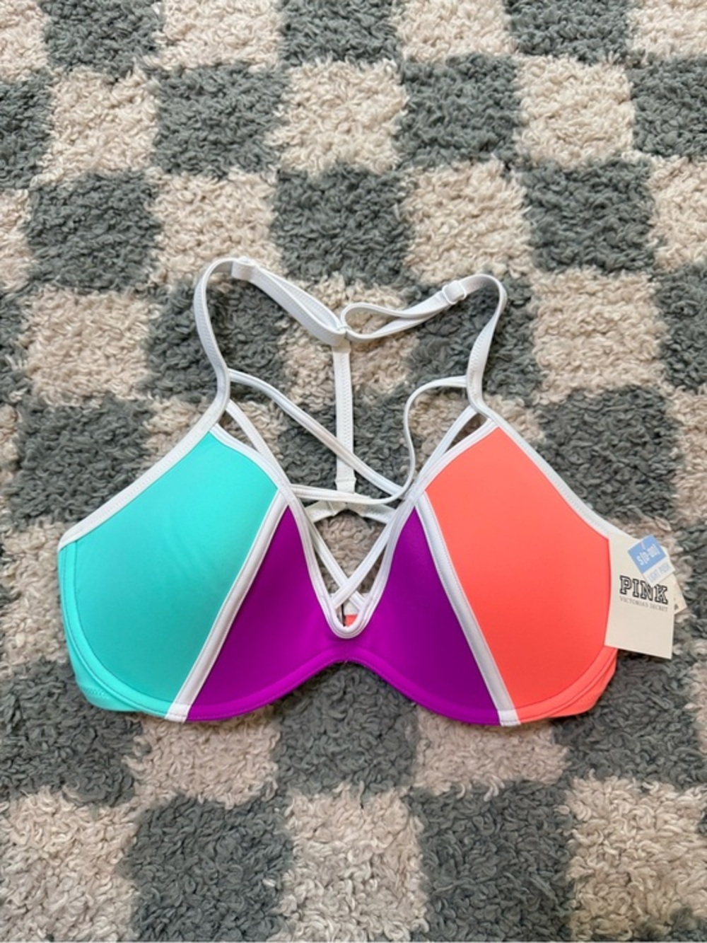 Pink Victoria’s Secret NWT colorblock strappy bikini top swimsuit small D-DD